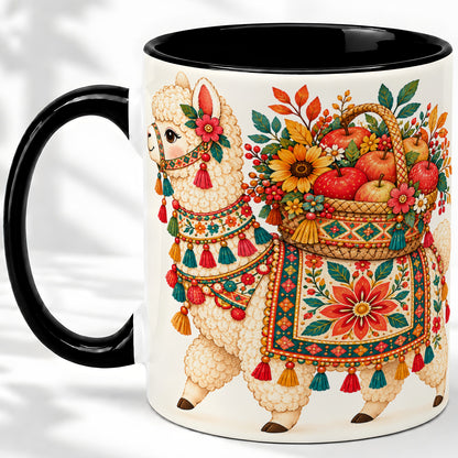 #pl[11oz|Black] Autumn Llama Apple Basket Accent Mug, Ceramic Cup for Animal Fans