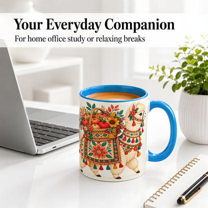 #pl[11oz|Blue] Autumn Llama Apple Basket Accent Mug, Ceramic Cup for Animal Fans