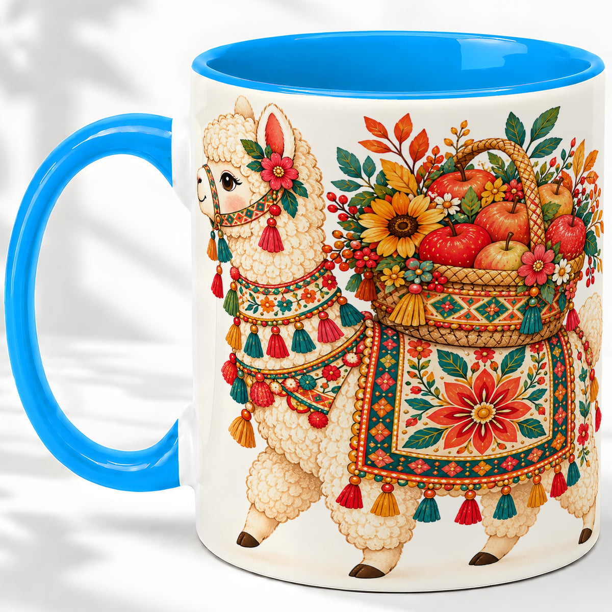 #pl[11oz|Blue] Autumn Llama Apple Basket Accent Mug, Ceramic Cup for Animal Fans