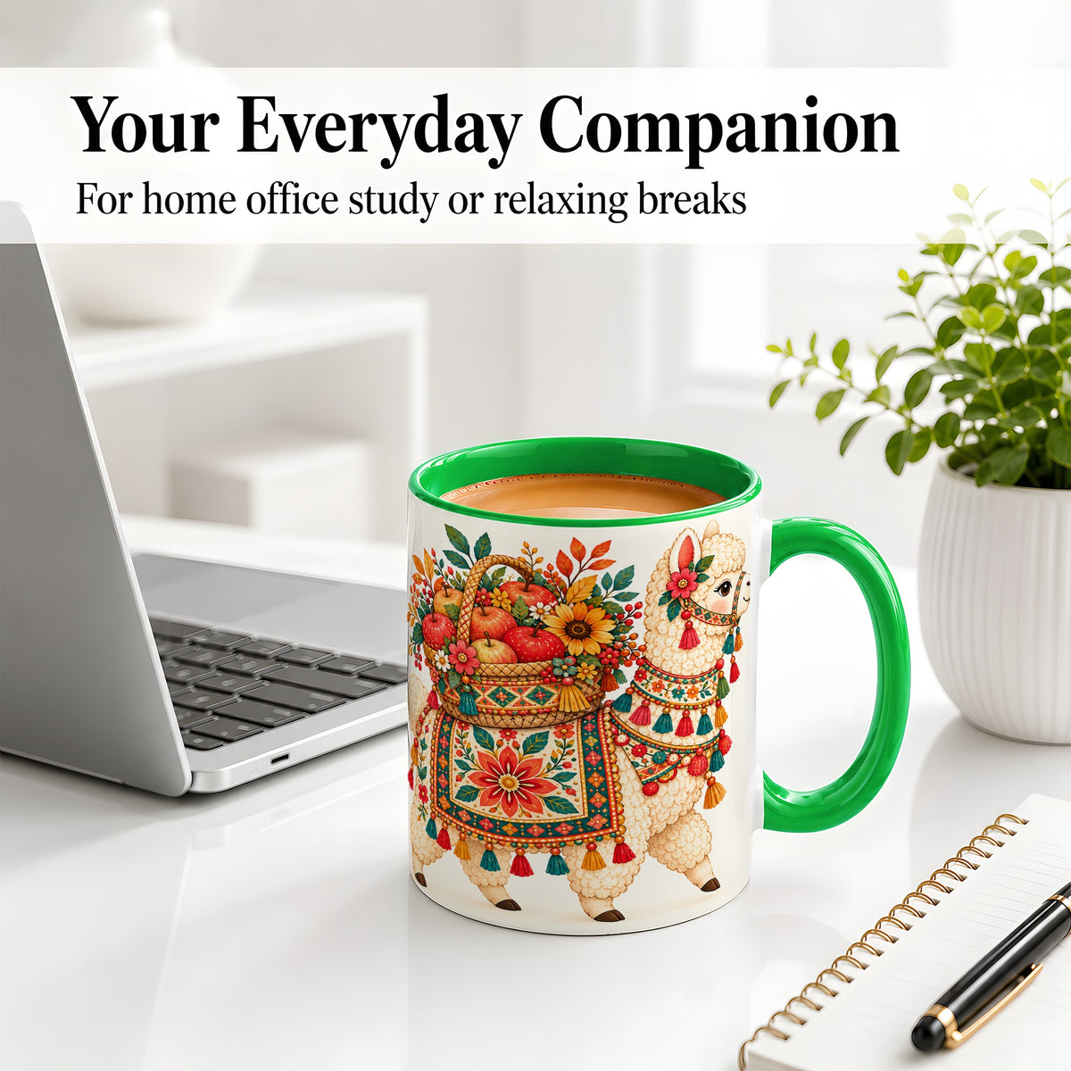 #pl[11oz|Green] Autumn Llama Apple Basket Accent Mug, Ceramic Cup for Animal Fans