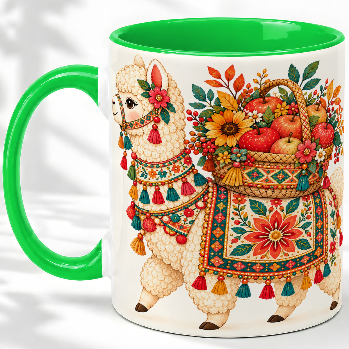 #pl[11oz|Green] Autumn Llama Apple Basket Accent Mug, Ceramic Cup for Animal Fans