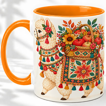 #pl[11oz|Orange] Autumn Llama Apple Basket Accent Mug, Ceramic Cup for Animal Fans