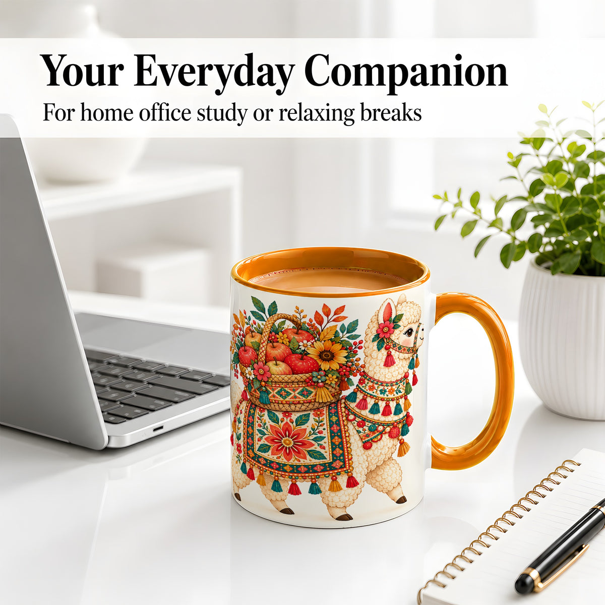 #pl[11oz|Orange] Autumn Llama Apple Basket Accent Mug, Ceramic Cup for Animal Fans