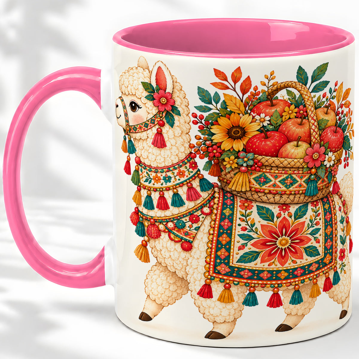 #pl[11oz|Pink] Autumn Llama Apple Basket Accent Mug, Ceramic Cup for Animal Fans