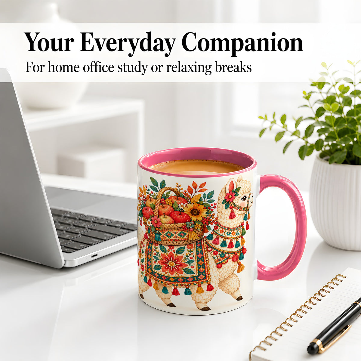 #pl[11oz|Pink] Autumn Llama Apple Basket Accent Mug, Ceramic Cup for Animal Fans