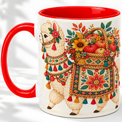 Autumn Llama Apple Basket Accent Mug, Ceramic Cup for Animal Fans
