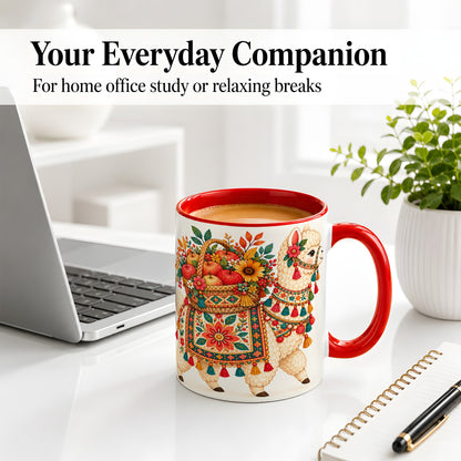 #pl[11oz|Red] Autumn Llama Apple Basket Accent Mug, Ceramic Cup for Animal Fans