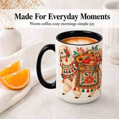 #pl[15oz|Black] Autumn Llama Apple Basket Accent Mug, Ceramic Cup for Animal Fans