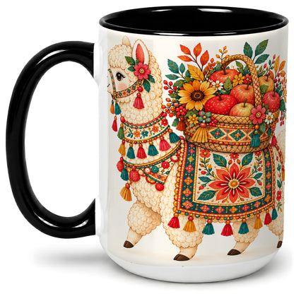 #pl[15oz|Black] Autumn Llama Apple Basket Accent Mug, Ceramic Cup for Animal Fans