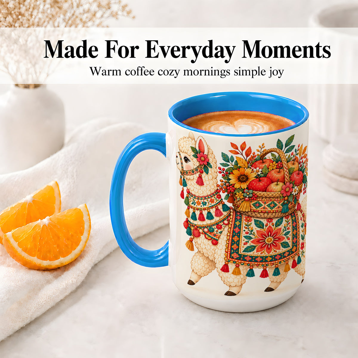 #pl[15oz|Blue] Autumn Llama Apple Basket Accent Mug, Ceramic Cup for Animal Fans