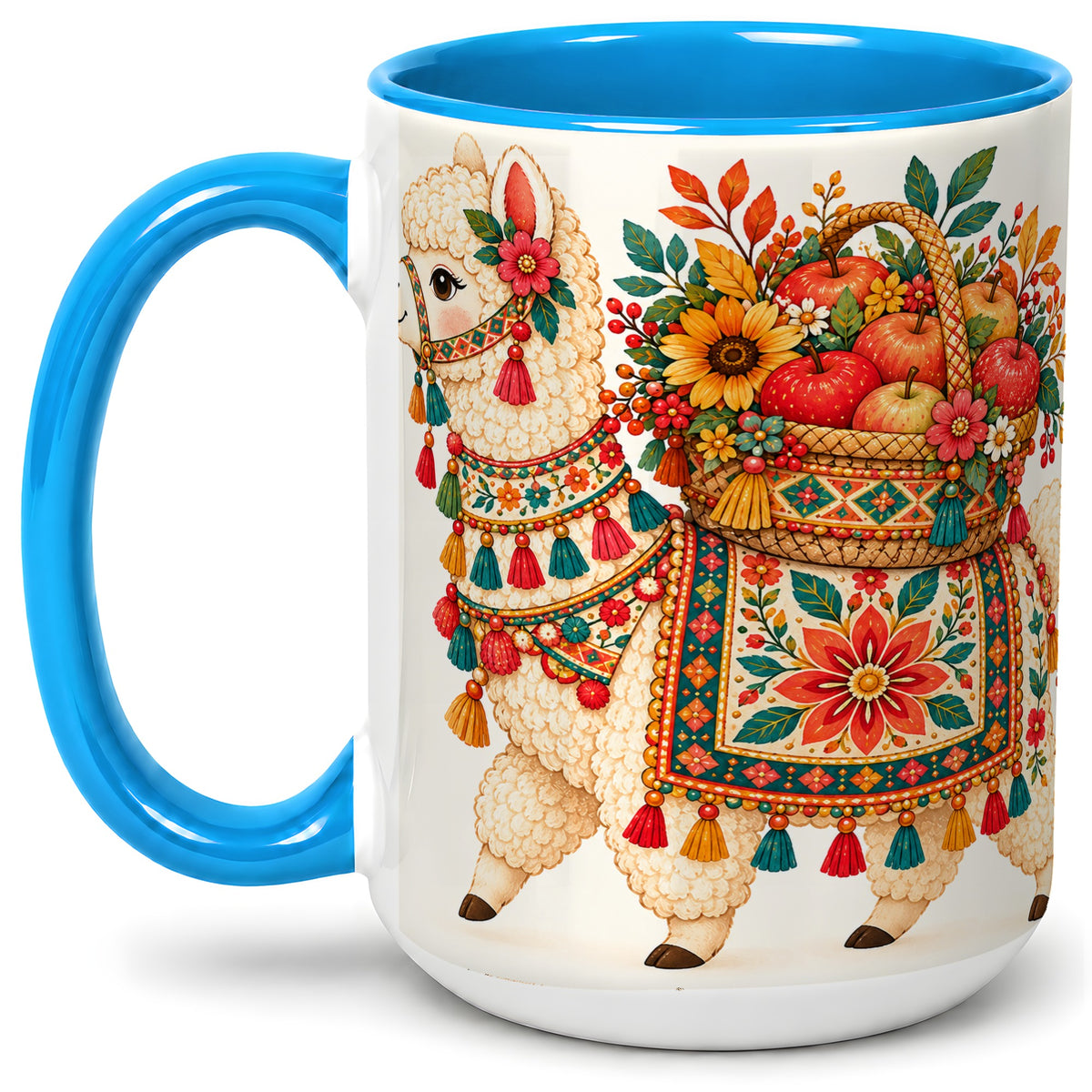 #pl[15oz|Blue] Autumn Llama Apple Basket Accent Mug, Ceramic Cup for Animal Fans