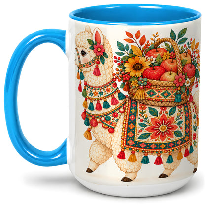#pl[15oz|Blue] Autumn Llama Apple Basket Accent Mug, Ceramic Cup for Animal Fans