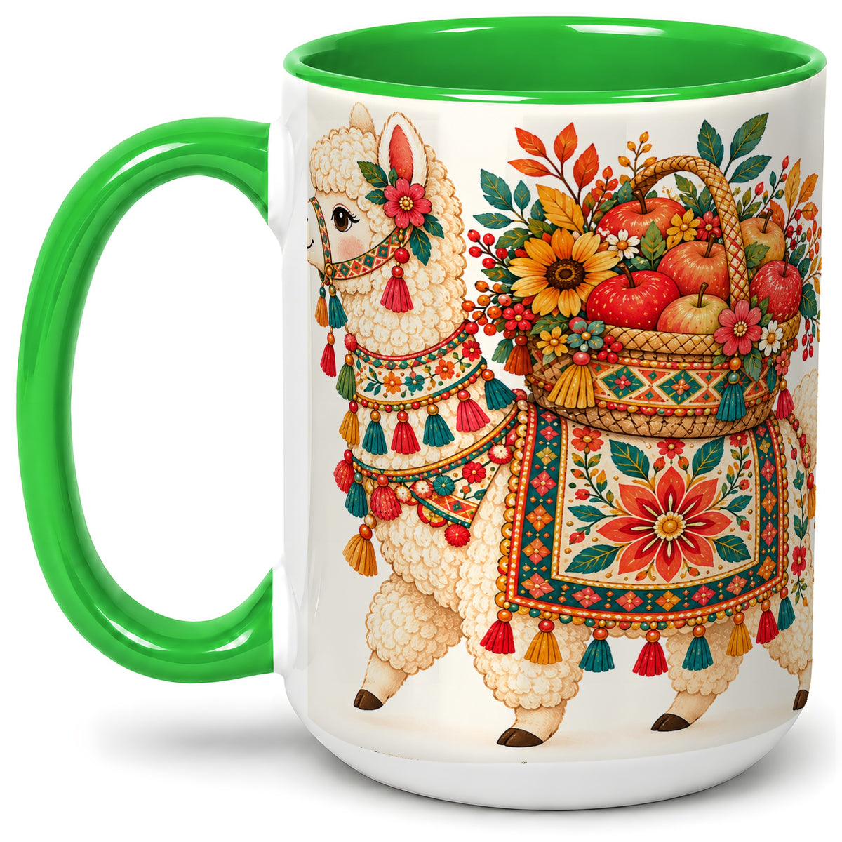 #pl[15oz|Green] Autumn Llama Apple Basket Accent Mug, Ceramic Cup for Animal Fans