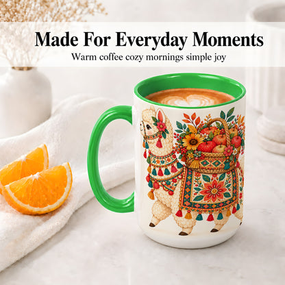 #pl[15oz|Green] Autumn Llama Apple Basket Accent Mug, Ceramic Cup for Animal Fans