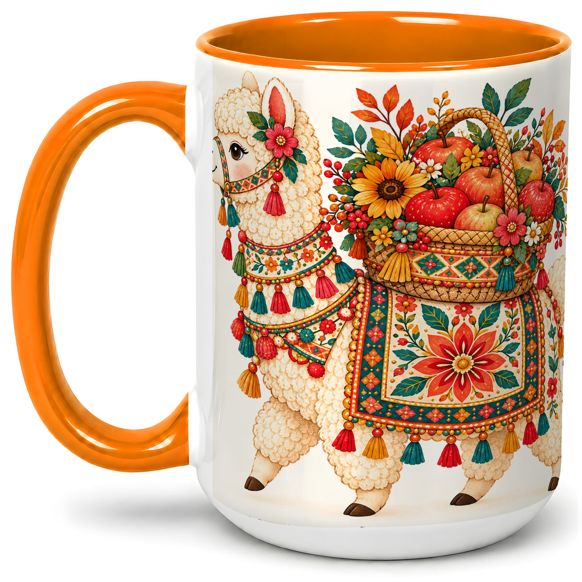 #pl[15oz|Orange] Autumn Llama Apple Basket Accent Mug, Ceramic Cup for Animal Fans