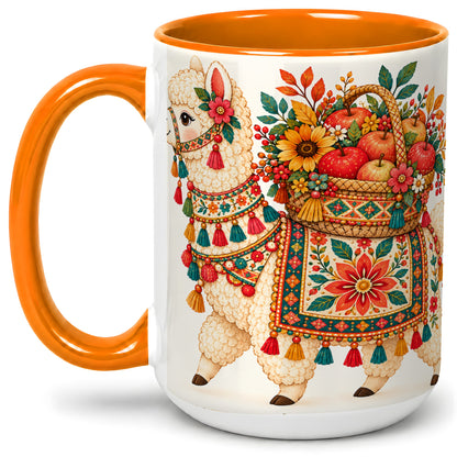 #pl[15oz|Orange] Autumn Llama Apple Basket Accent Mug, Ceramic Cup for Animal Fans