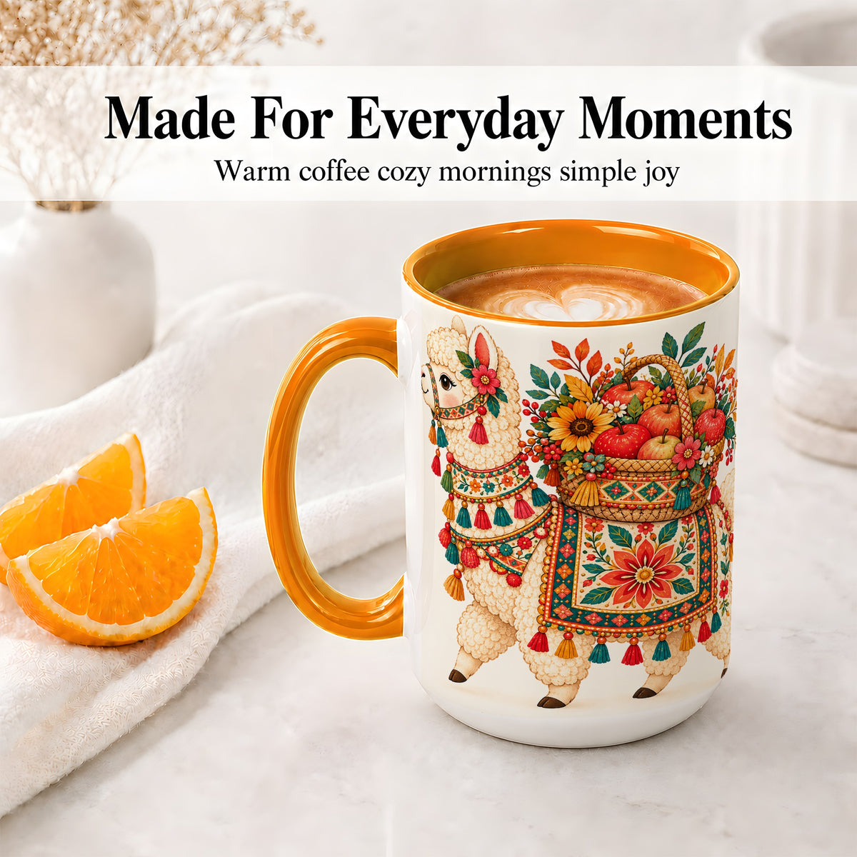 #pl[15oz|Orange] Autumn Llama Apple Basket Accent Mug, Ceramic Cup for Animal Fans