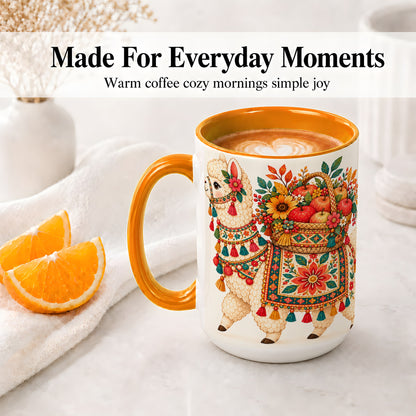 #pl[15oz|Orange] Autumn Llama Apple Basket Accent Mug, Ceramic Cup for Animal Fans