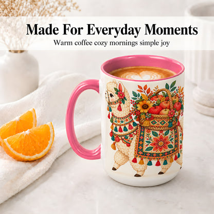 #pl[15oz|Pink] Autumn Llama Apple Basket Accent Mug, Ceramic Cup for Animal Fans