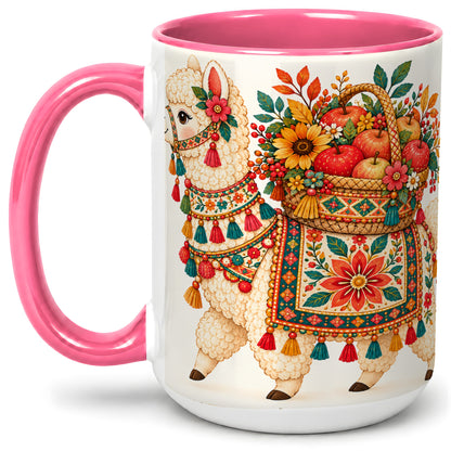 #pl[15oz|Pink] Autumn Llama Apple Basket Accent Mug, Ceramic Cup for Animal Fans