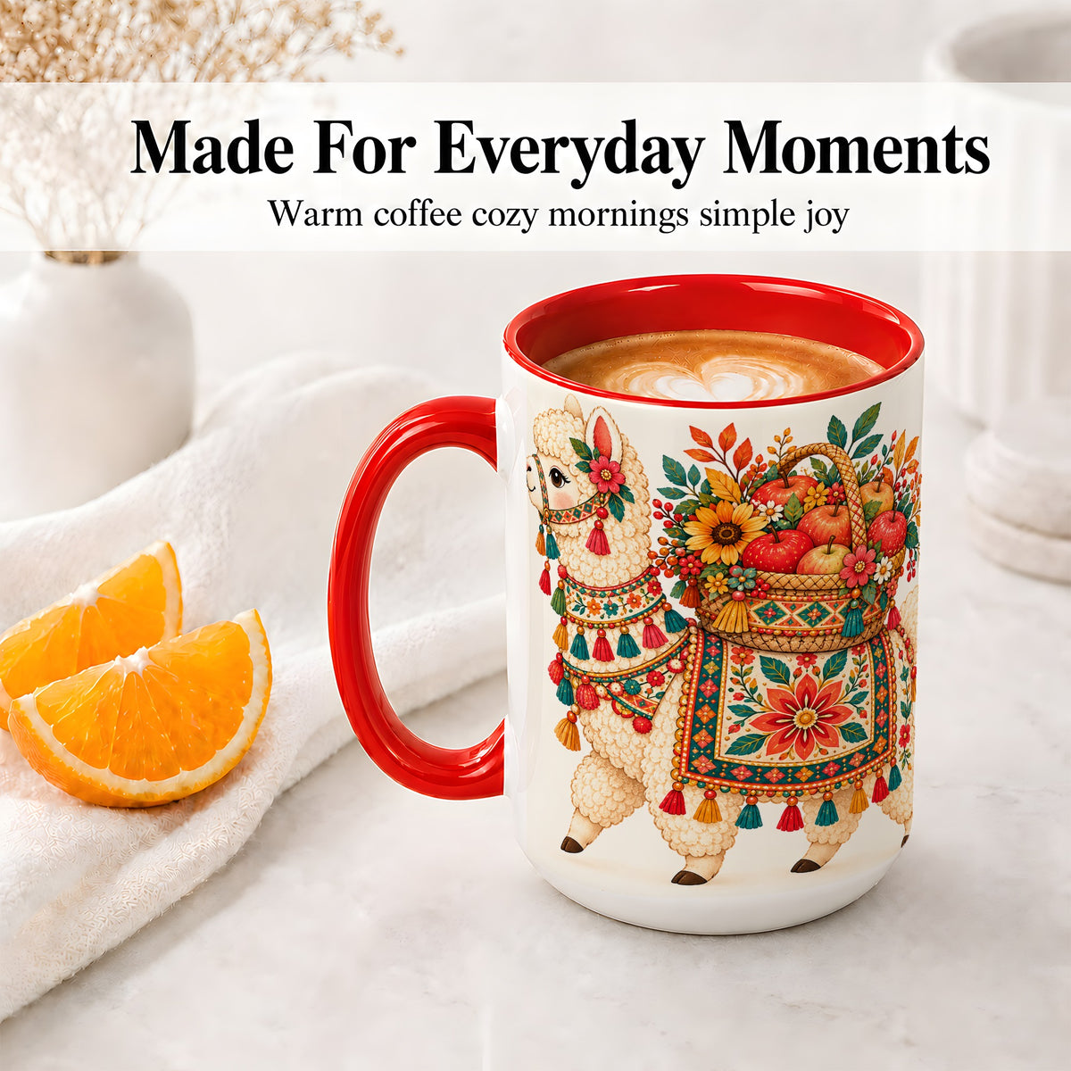 #pl[15oz|Red] Autumn Llama Apple Basket Accent Mug, Ceramic Cup for Animal Fans