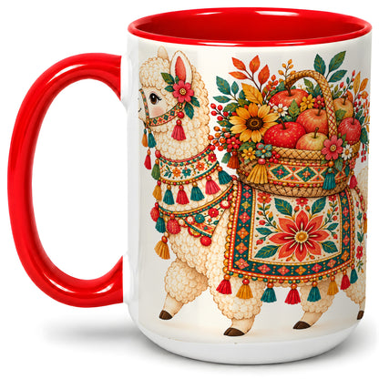 #pl[15oz|Red] Autumn Llama Apple Basket Accent Mug, Ceramic Cup for Animal Fans