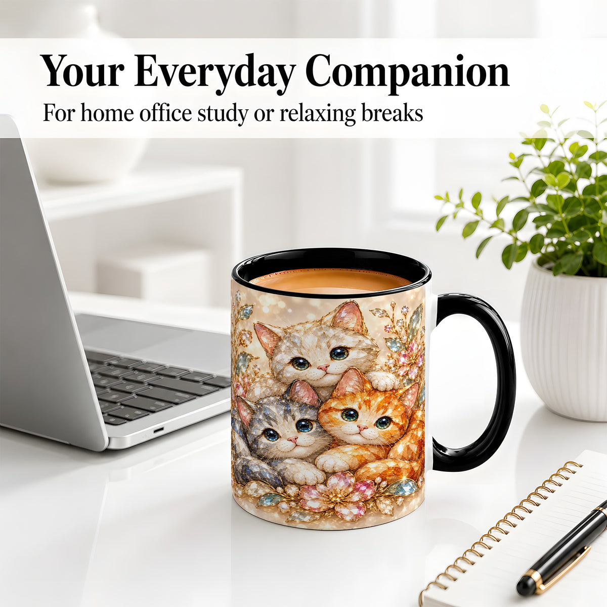 #pl[11oz|Black] Faceted Cat Floral Artwork Accent Mug, Ceramic Cup for Cat Lovers