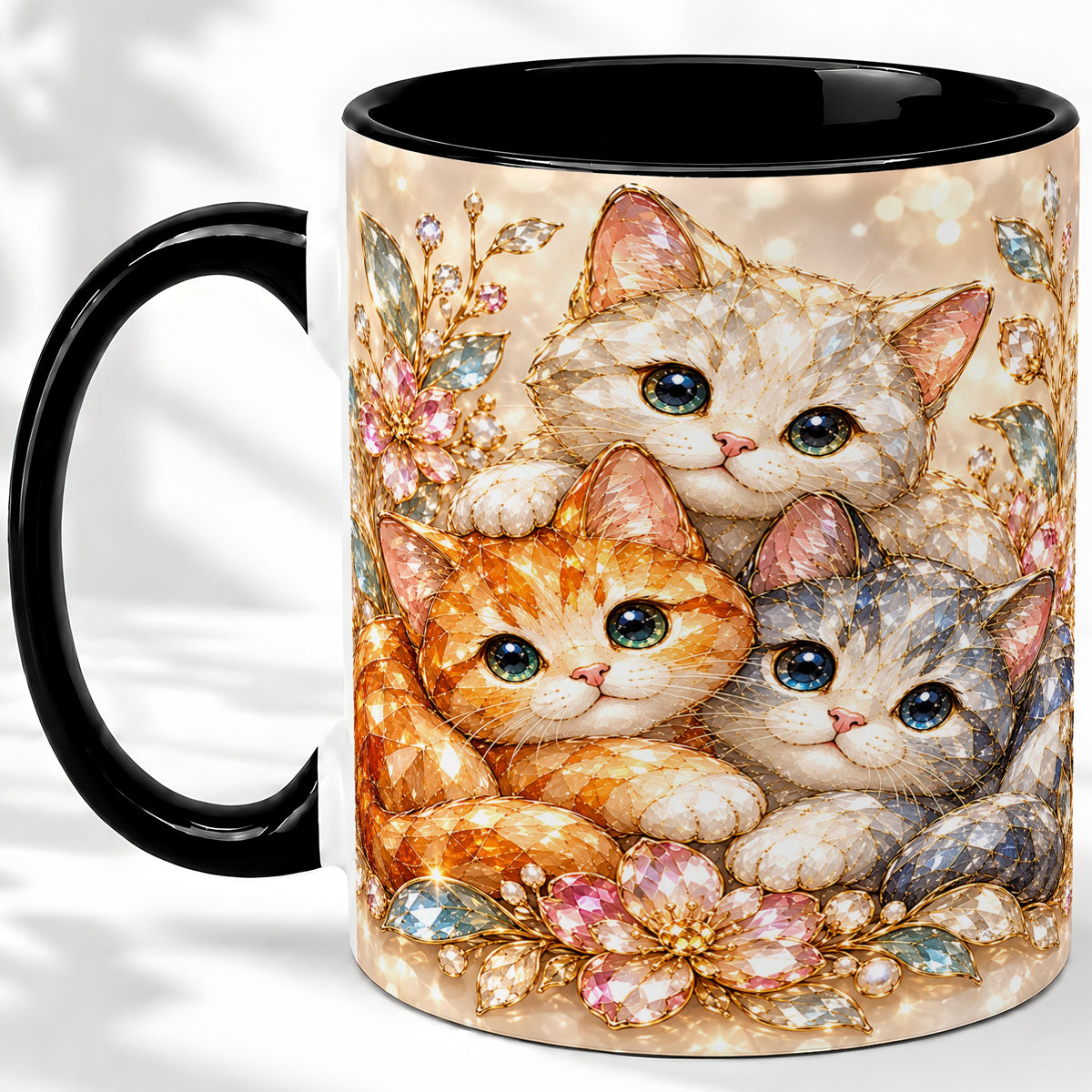 #pl[11oz|Black] Faceted Cat Floral Artwork Accent Mug, Ceramic Cup for Cat Lovers