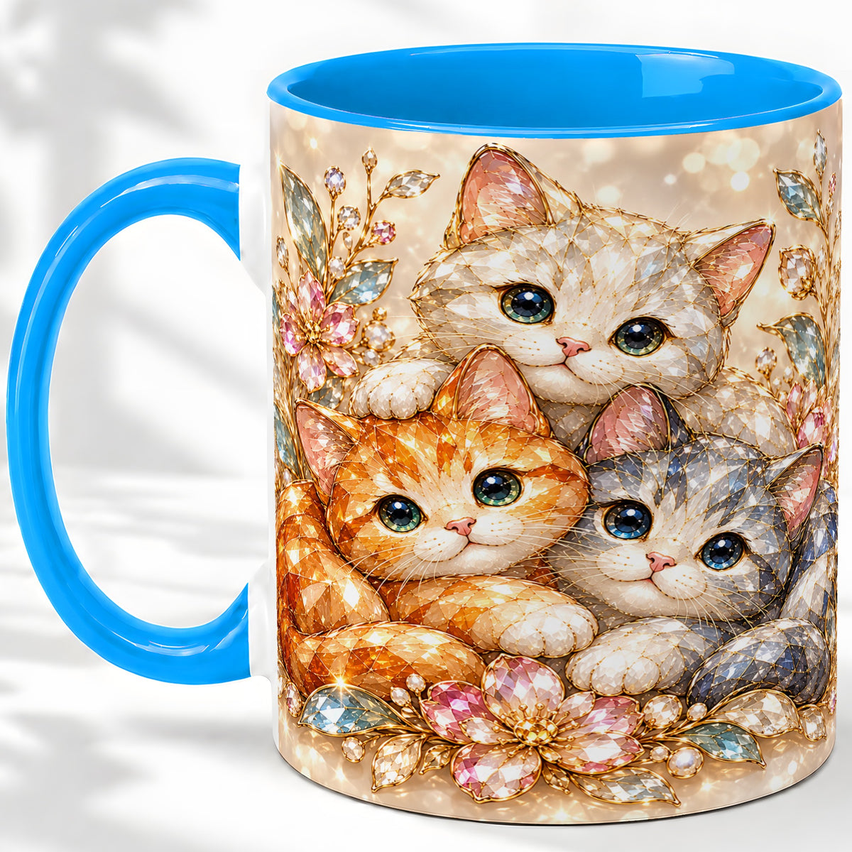 #pl[11oz|Blue] Faceted Cat Floral Artwork Accent Mug, Ceramic Cup for Cat Lovers