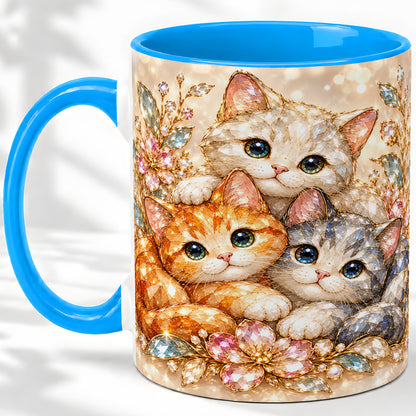 #pl[11oz|Blue] Faceted Cat Floral Artwork Accent Mug, Ceramic Cup for Cat Lovers