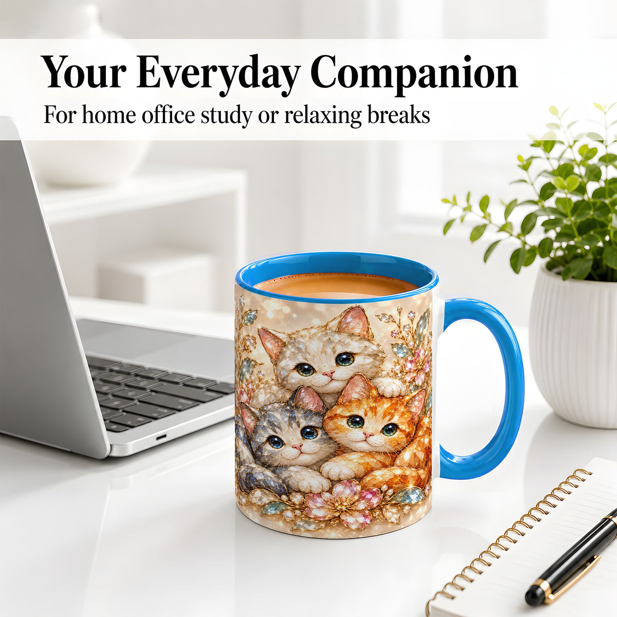 #pl[11oz|Blue] Faceted Cat Floral Artwork Accent Mug, Ceramic Cup for Cat Lovers