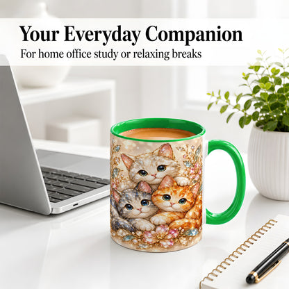 #pl[11oz|Green] Faceted Cat Floral Artwork Accent Mug, Ceramic Cup for Cat Lovers