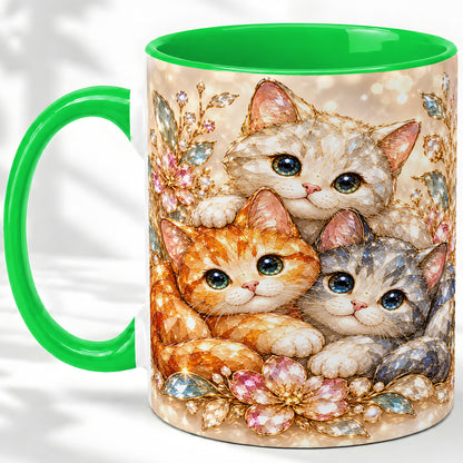#pl[11oz|Green] Faceted Cat Floral Artwork Accent Mug, Ceramic Cup for Cat Lovers