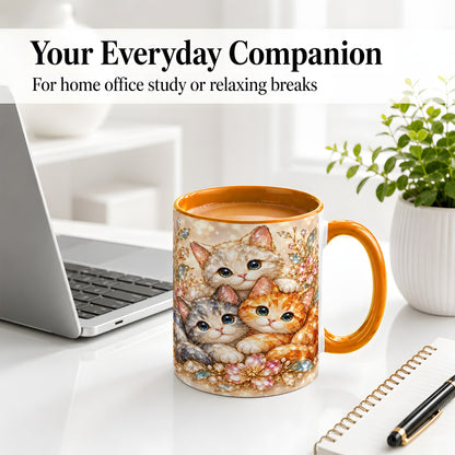 #pl[11oz|Orange] Faceted Cat Floral Artwork Accent Mug, Ceramic Cup for Cat Lovers