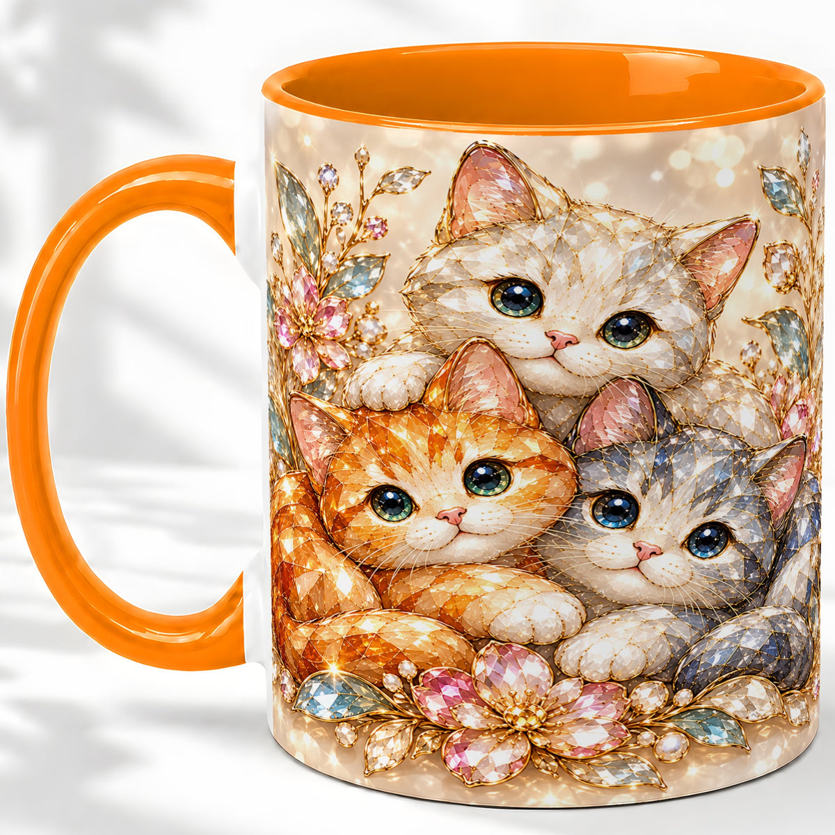 #pl[11oz|Orange] Faceted Cat Floral Artwork Accent Mug, Ceramic Cup for Cat Lovers
