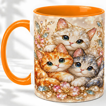 #pl[11oz|Orange] Faceted Cat Floral Artwork Accent Mug, Ceramic Cup for Cat Lovers