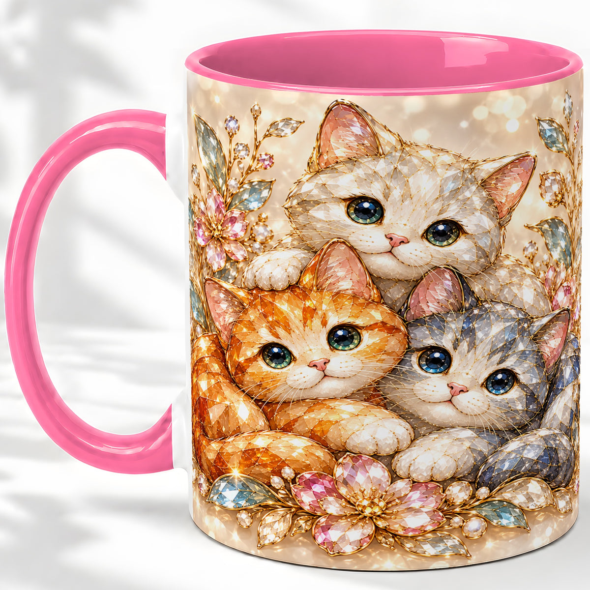 #pl[11oz|Pink] Faceted Cat Floral Artwork Accent Mug, Ceramic Cup for Cat Lovers