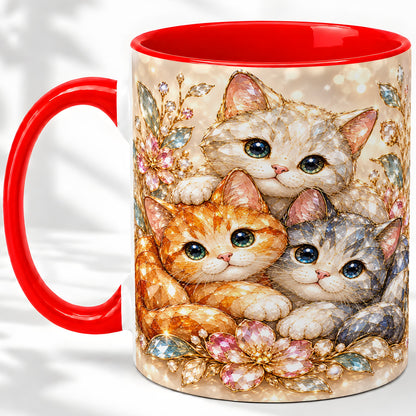 Faceted Cat Floral Artwork Accent Mug, Ceramic Cup for Cat Lovers