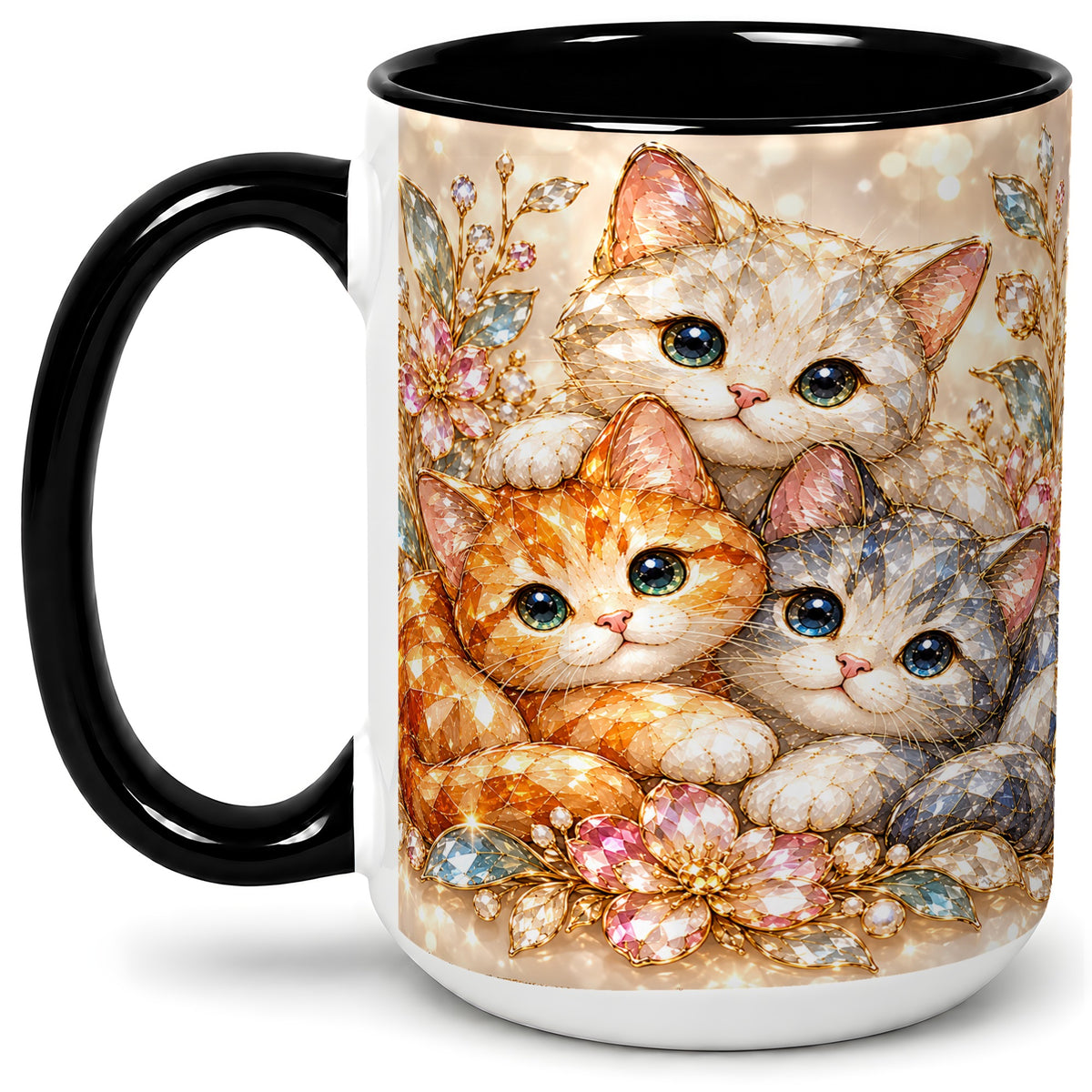 #pl[15oz|Black] Faceted Cat Floral Artwork Accent Mug, Ceramic Cup for Cat Lovers