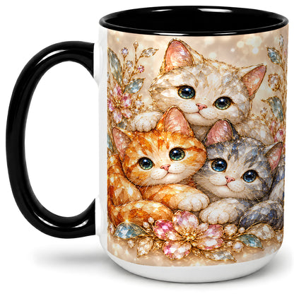 #pl[15oz|Black] Faceted Cat Floral Artwork Accent Mug, Ceramic Cup for Cat Lovers