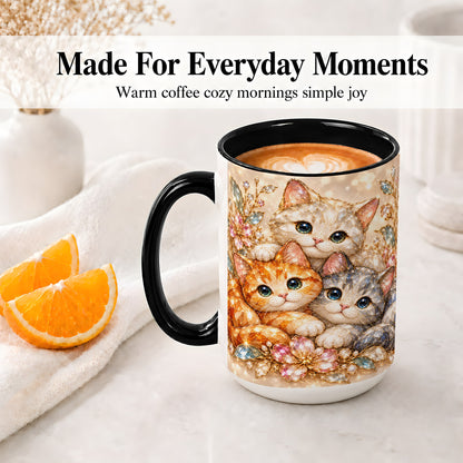 #pl[15oz|Black] Faceted Cat Floral Artwork Accent Mug, Ceramic Cup for Cat Lovers