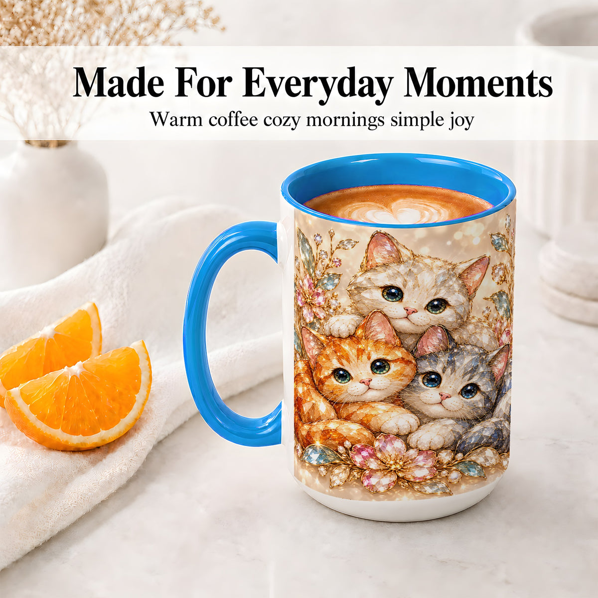 #pl[15oz|Blue] Faceted Cat Floral Artwork Accent Mug, Ceramic Cup for Cat Lovers