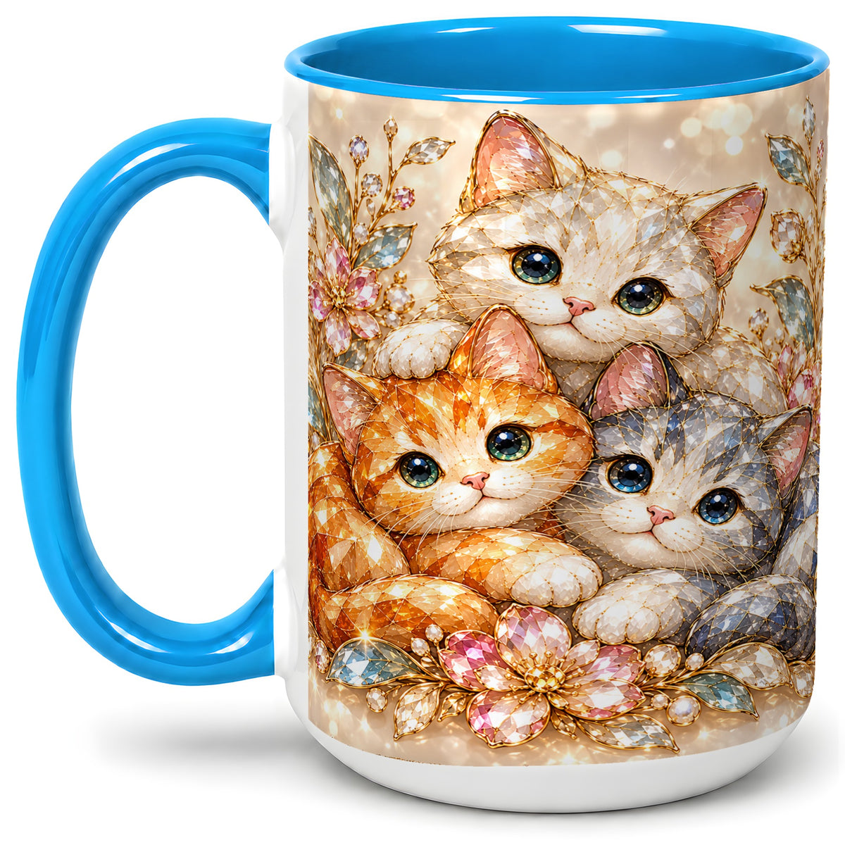 #pl[15oz|Blue] Faceted Cat Floral Artwork Accent Mug, Ceramic Cup for Cat Lovers