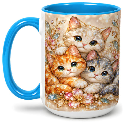 #pl[15oz|Blue] Faceted Cat Floral Artwork Accent Mug, Ceramic Cup for Cat Lovers