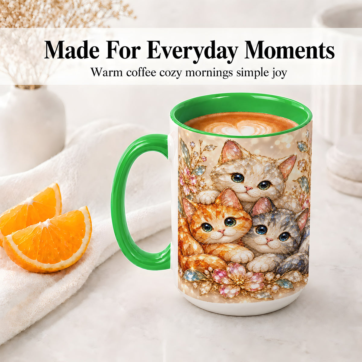 #pl[15oz|Green] Faceted Cat Floral Artwork Accent Mug, Ceramic Cup for Cat Lovers