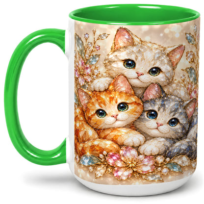 #pl[15oz|Green] Faceted Cat Floral Artwork Accent Mug, Ceramic Cup for Cat Lovers
