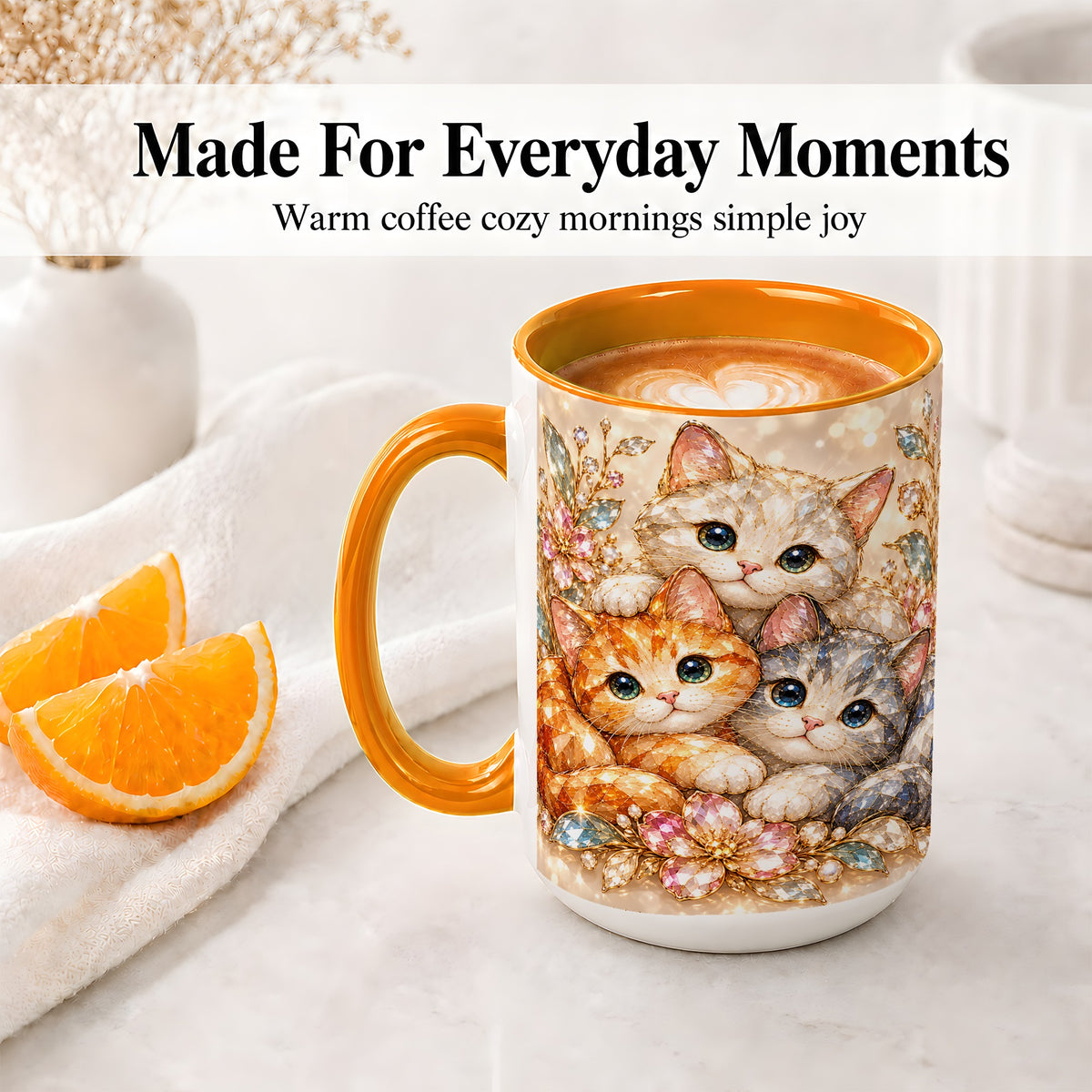 #pl[15oz|Orange] Faceted Cat Floral Artwork Accent Mug, Ceramic Cup for Cat Lovers