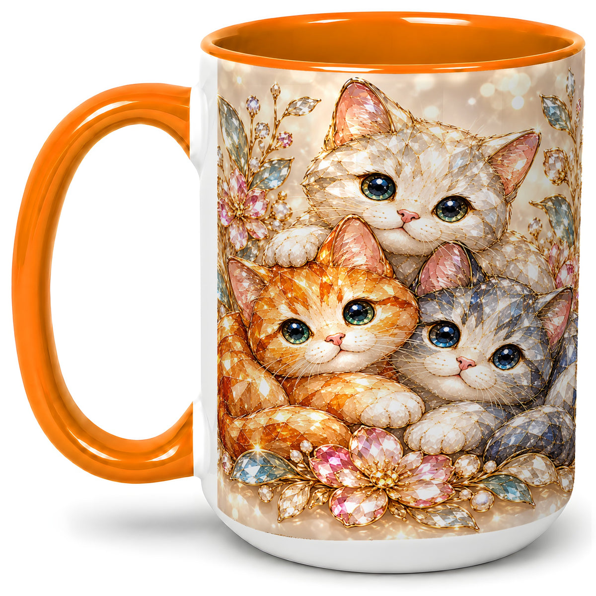 #pl[15oz|Orange] Faceted Cat Floral Artwork Accent Mug, Ceramic Cup for Cat Lovers