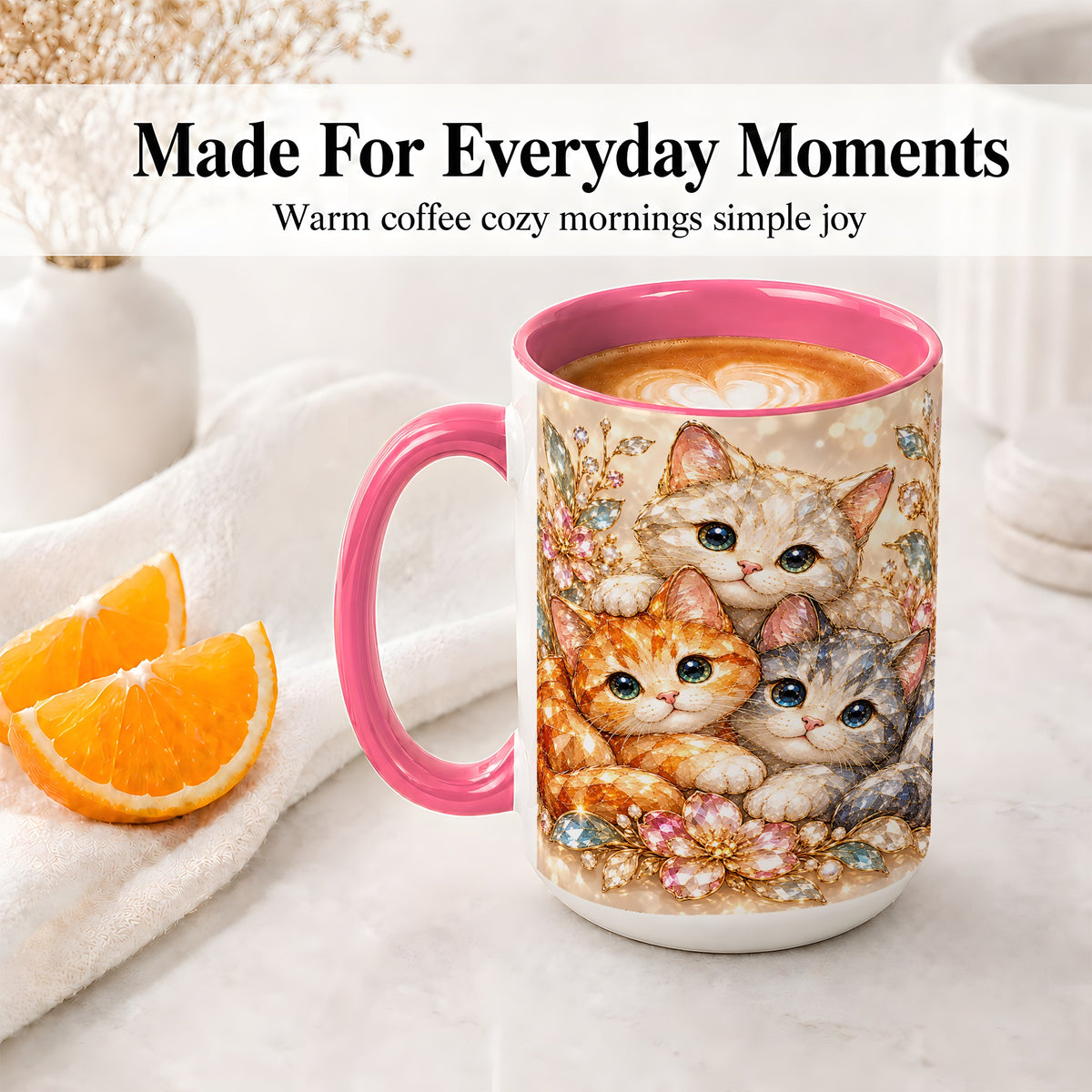 #pl[15oz|Pink] Faceted Cat Floral Artwork Accent Mug, Ceramic Cup for Cat Lovers