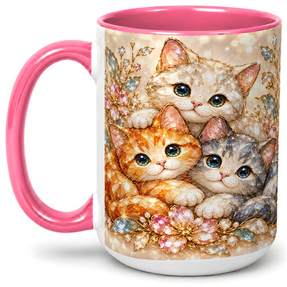 #pl[15oz|Pink] Faceted Cat Floral Artwork Accent Mug, Ceramic Cup for Cat Lovers